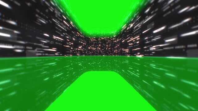 Digital data tunnel with split green screen surface and streaming glowing code lines in a horizontal 3D VFX motion animation