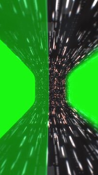 Vertical split green screen cyber tunnel with digital data lines and glowing orange code flying forward in a 3D VFX animation