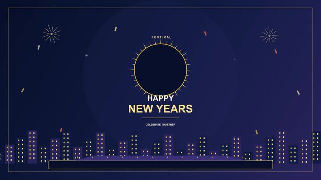 A festive city landscape displays fireworks during the celebration of a happy new year while golden text glows brightly underneath a radiant sun symbol representing joy across the entire urban