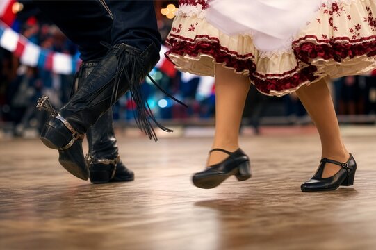 Dynamic close-up of traditional cueca dance footwork during Chilean Fiestas Patrias celebrations.