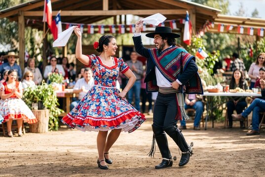 Chilean couple dancing traditional cueca with white handkerchiefs during a bright Fiestas Patrias celebration.