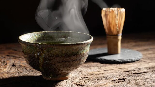 Aromatic Steam Rising from Handcrafted Ceramic Chawan Tea Bowl on Dark Cedar Wood for Japanese Respect for the Aged Day Tea Brand Packaging