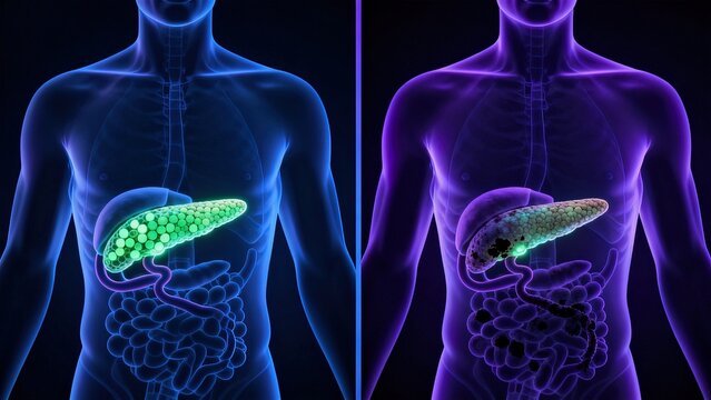 Comparison of healthy pancreas and diabetic pancreas with reduced islet cell glow in dark cinematic medical visualization