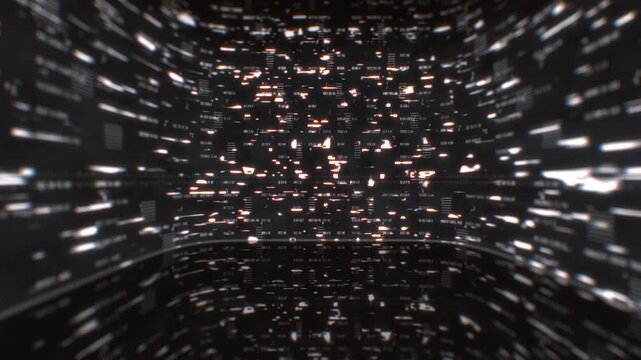 Curved data center room with glowing white and amber binary code streams floating in a dark futuristic cyberspace 3D animation