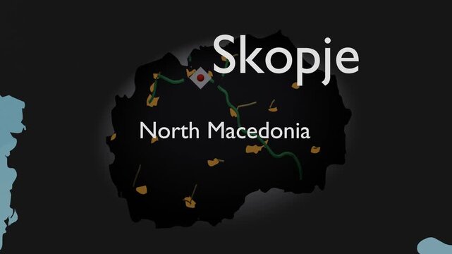 North Macedonia 3D Map Zoom Motion Visual Spotlight on Skopje Capital