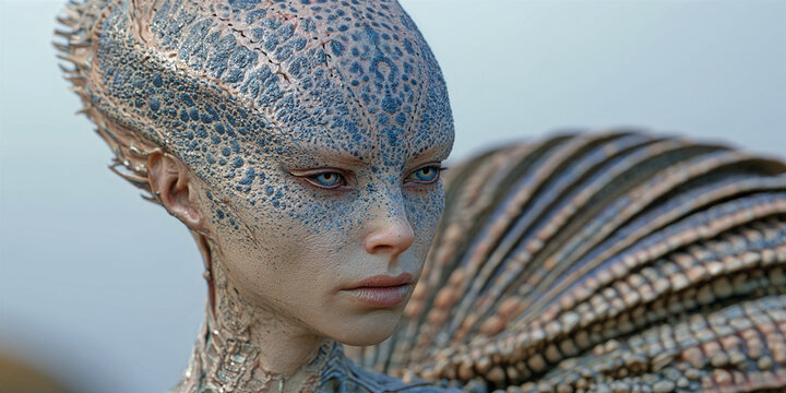 The Being That Stands In Alien Stillness As Scaled Skin Shifts Beneath Ridges And Otherworldly Eyes, ai generated.