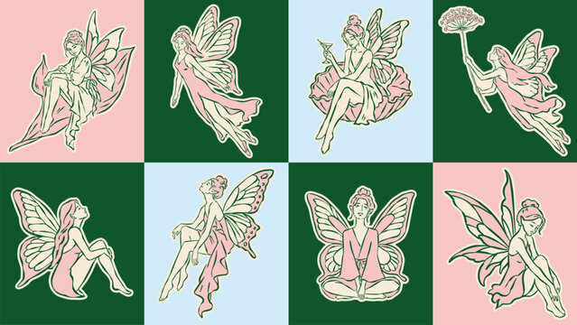 A hand-drawn line art collection of fairies with butterfly wings in various poses, along with butterflies, stars, and a crescent moon