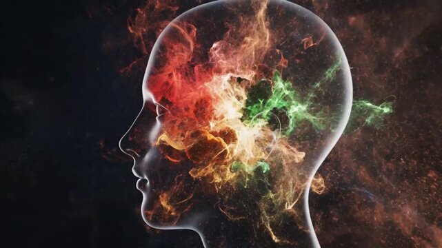 Human head silhouettes filled with colorful exploding cosmic nebula