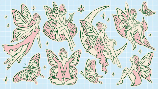 A hand-drawn line art collection of fairies with butterfly wings in various poses, along with butterflies, stars, and a crescent moon