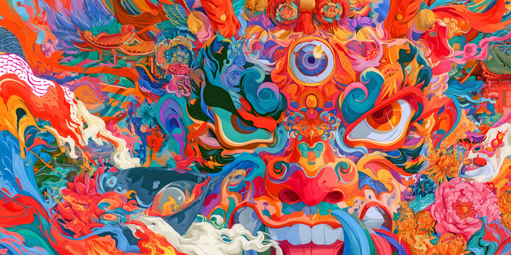 The Mask That Blazes In Mythic Color As Spiraling Temples And Fierce Eyes Rise Through Festive Chaos, ai generated.