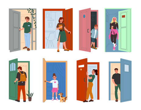 People at door set. Character enters, goes from home. Exit man, welcome. Doorway with male. Woman in room . Peeking visitor and family members. Vector tidy cartoon flat style isolated illustration