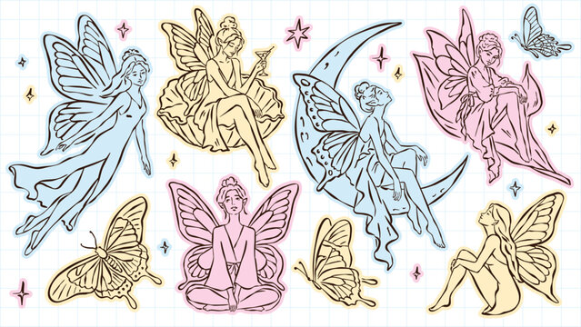 A hand-drawn line art collection of fairies with butterfly wings in various poses, along with butterflies, stars, and a crescent moon