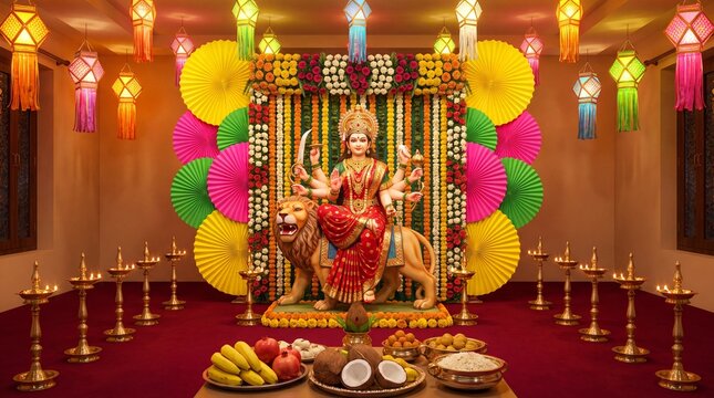 Beautiful idol of Maa Durga being worshipped at a mandal in Mumbai for Navratri