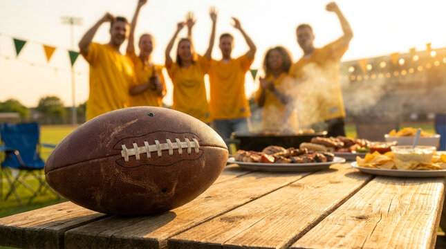 Cheering sports fans behind football on table at tailgate party, game day tradition and outdoor leisure