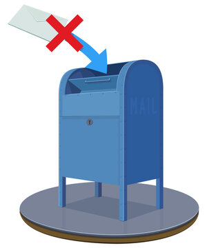 Classic blue street collection mailbox with an envelope and a red X mark representing undelivered mail, postal service error, delivery failure, or rejected communication (cut out)