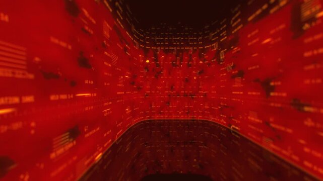 Dark red cyber security data screen with digital code telemetry and technical server readout graphics in a curved 3D animation