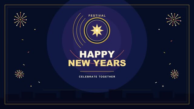 A shimmering golden emblem radiates joy within a deep nocturnal atmosphere while festive fireworks ignite the sky during the grand annual transition into a prosperous new era of human happiness