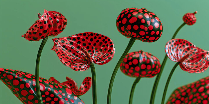 The Fruit That Rise In Surreal Red As Spotted Caps Tower Over A Dreamlike Forest Of Color, ai generated.