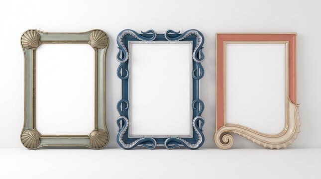 Ornate nautical picture frames with seashell and octopus tentacle details. Set of 3 ocean themed photo frames for coastal interior decor. Decorative sea life borders for gallery wall art