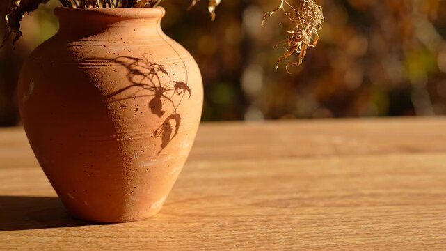 Hand Thrown Terracotta Vase on Oak Table with Swaying Botanical Shadows for Indigenous Peoples Day Artisanal Homeware Autumn Banner Visual