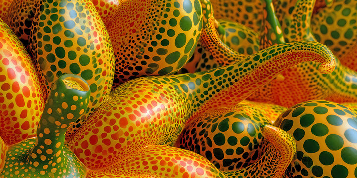 The Garden That Glows In Surreal Color As Dotted Gourds Twist With Spiked Orbs In Organic Fantasy, ai generated.