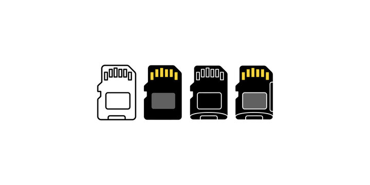 Four micro SD memory cards shown in various styles, including outline and solid black, representing digital storage technology options.