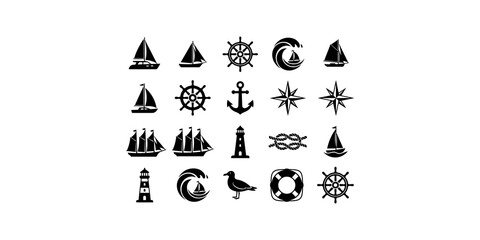 Assortment of black sailboat and nautical icons, perfect for maritime themes and water sports designs. © Artify Creations
