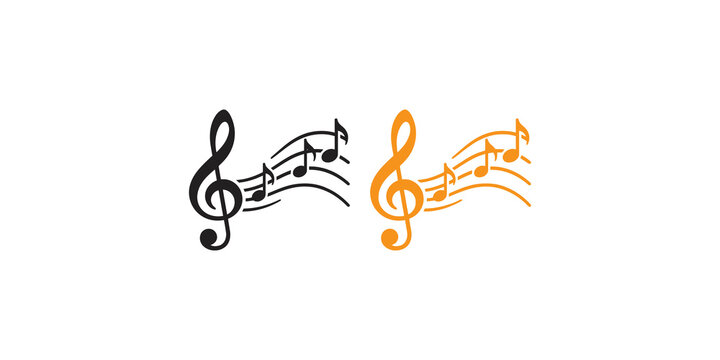 Black and orange music note symbols on wavy staves design element for melodic compositions and audio creative work.