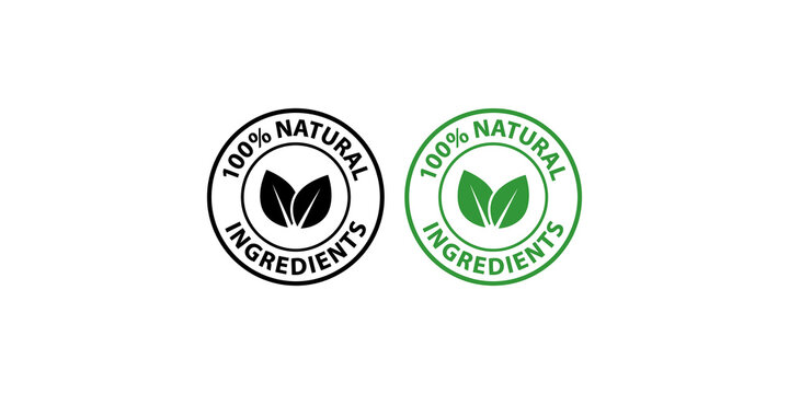 Two round 100% natural ingredients badges with green leaves, emphasizing organic and eco-friendly products.