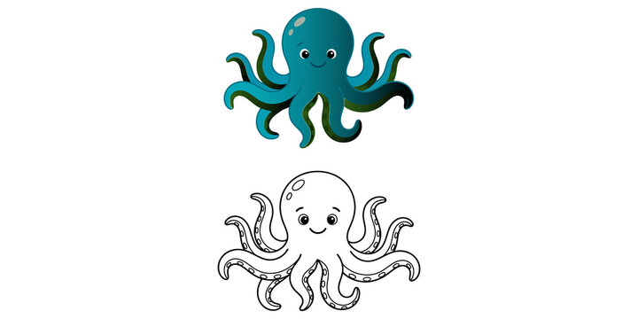 Cute cartoon octopus with eight tentacles and happy expression for children's book illustrations and playful designs.