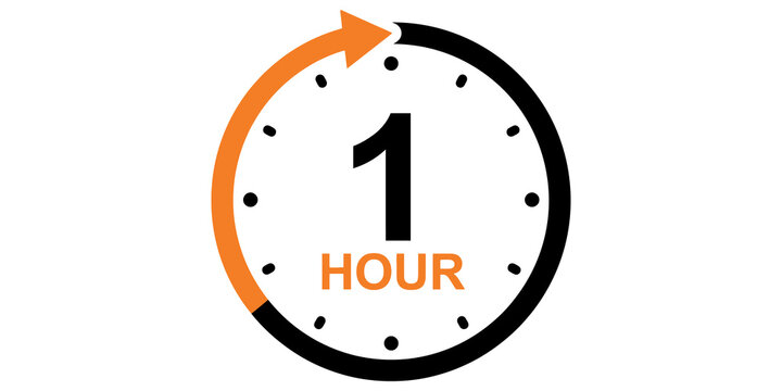 Clock face showing one hour with orange arrow progress indicator, symbolizing time, deadlines, and scheduling.