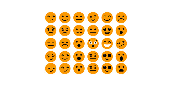 Array of 32 orange cartoon smiley face emoticons with various expressions on transparent background.