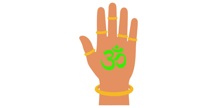 Hamsa hand design featuring vibrant orange skin tone golden rings and green om symbol for spiritual decor and religious art.