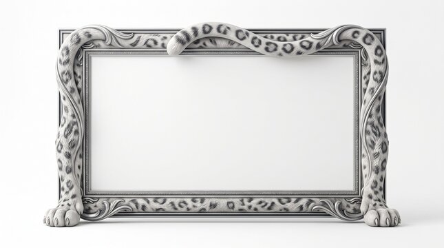 Ornate leopard print picture frame with exotic animal spots and paws, decorative silver border for luxury home decor photography, elegant wildlife themed photo frame on white studio background.