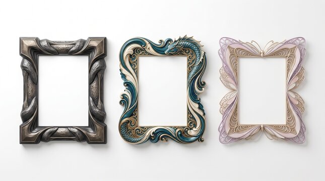 Ornate fantasy picture frames set with dragon and butterfly motifs, decorative baroque borders for art displays, elegant vintage photo frames on white background, 3 unique carved frame templates.