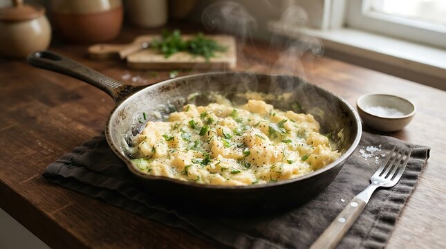 Freshly cooked hot food served in a rustic cast iron skillet on a wooden kitchen table.