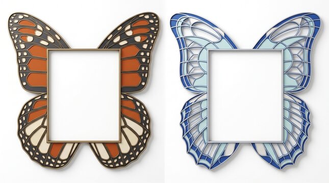 Butterfly picture frames with monarch and blue wings, decorative insect photo frame set for home decor. Ornate butterfly wing border for portraits