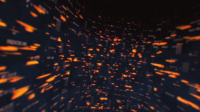 Futuristic cyber server terminal perspective with flying amber data bits and digital code blocks in a dark curved 3D animation