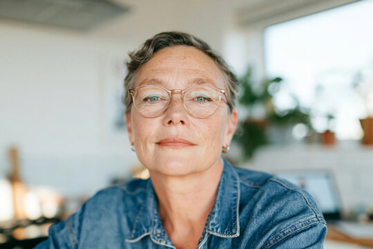 Thoughtful Senior  Woman with Glasses Looking Up in Bright Home Interior