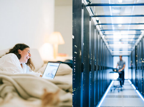 Diptych of Woman Working on Laptop in Bed and Technician in Server Room Data Center