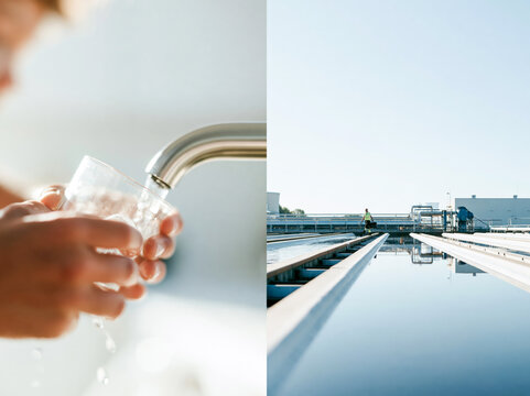 Diptych of Hand Filling Glass at Tap and Modern Water Treatment Plant Outdoors