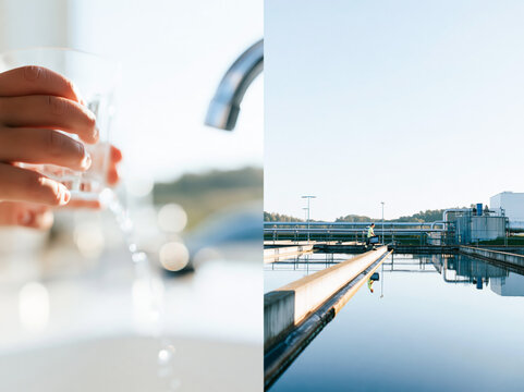 Diptych of Hand Filling Glass at Tap and Modern Water Treatment Plant Outdoors