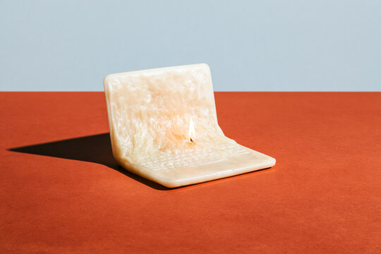 Melting  Candle Shaped Like Laptop on Red Surface in Surreal Food Still Life
