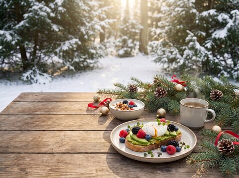 Cozy outdoor winter breakfast features avocado toast topped with a poached egg and berries, steaming coffee, a granola bowl, and Christmas pine decorations on a rustic wooden table in fresh snow.