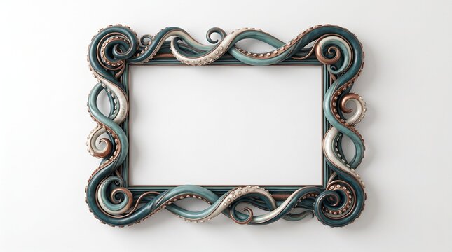 Steampunk octopus tentacle picture frame with ornate bronze and teal nautical details. Intricate sea monster border for fantasy art displays. Decorative kraken themed frame on white background.