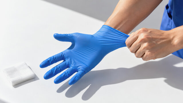 blue nitrile gloves medical professional putting on for first aid procedure