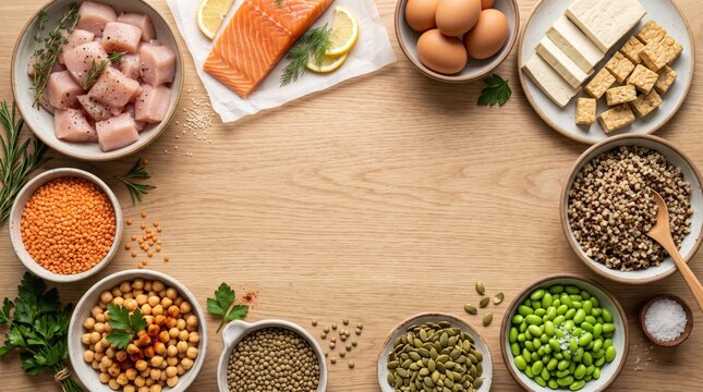 Assorted healthy protein rich food ingredients on wood surface