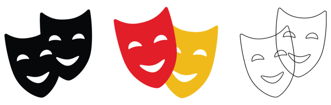 Masquerade masks featuring comic and tragic theater expressions for drama performance, stage entertainment, and cultural events