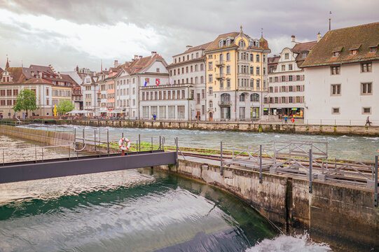 Historic Needle Dam Nadelwehr and Reuss River in Lucerne Switzerland