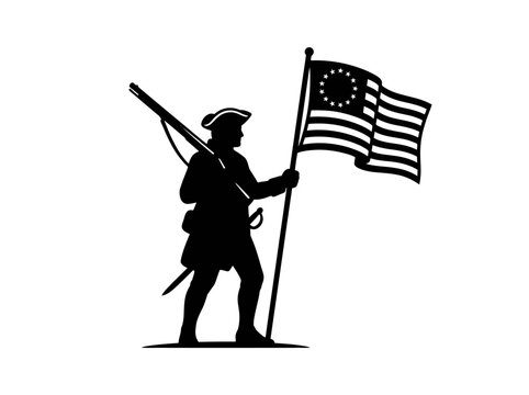 Minuteman Soldier Holding American Flag Silhouette.